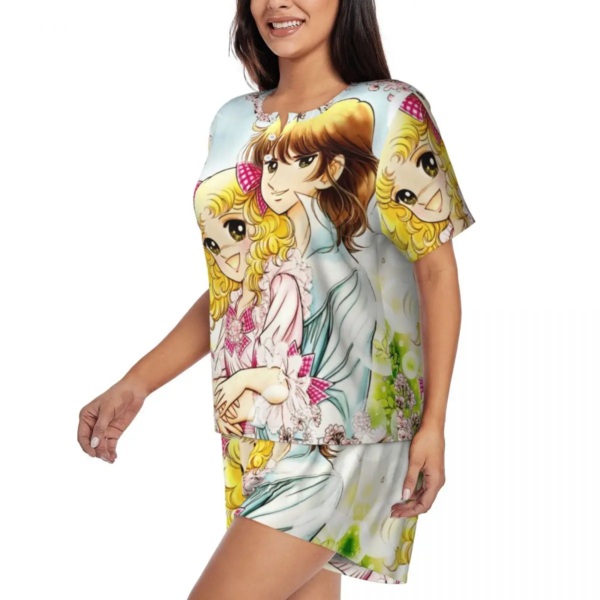 Custom Japan Anime Candy Candy Candice Pajamas Set Women's Short Sleeve Kawaii Sleepwear Loungewear 2 Piece Pjs