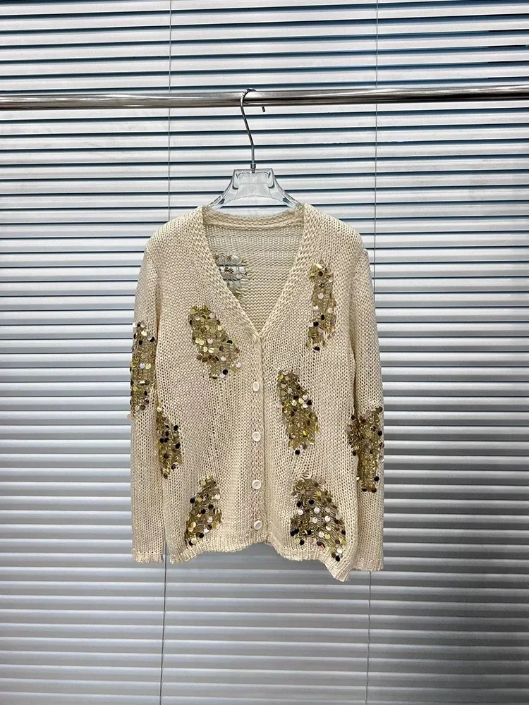 High Quality Cotton Knitted Single Breasted Cardigan Women Autumn Long Sleeve Sequined Patchwork V Neck Sweater Jacket Tops N76