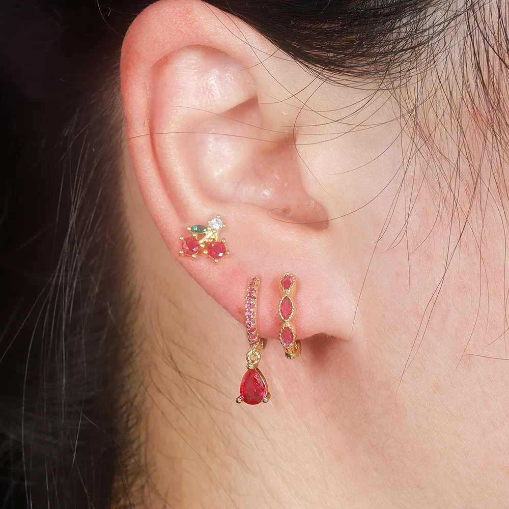 3PCS Luxury Design Square Zircon Hoop Earrings Set for Women Tiny Stainless Steel Leaf Round Cartilage Earring Piercing Jewelry
