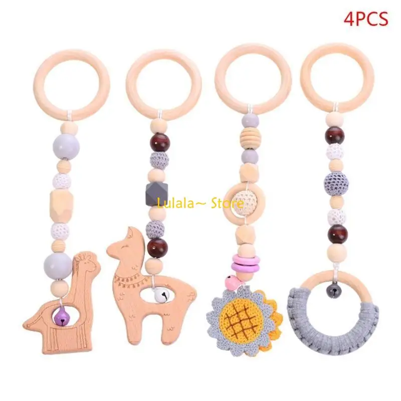 Y4QA 4 Pcs/Set Baby for Play Gym Wooden Frame Stroller Hanging Pendant Teether Molar Teething Nursing Rattle Gifts Infant