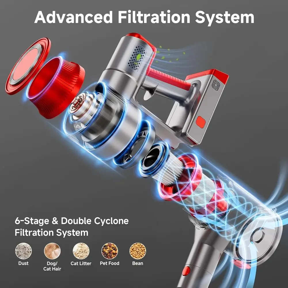 Rood 6-in-1 draadloze stofzuiger, 35 kPa zuigkracht, 45 minuten looptijd, LED-display, anti-wirwar, wandmontage, ideaal voor harde vloeren en huisdieren H