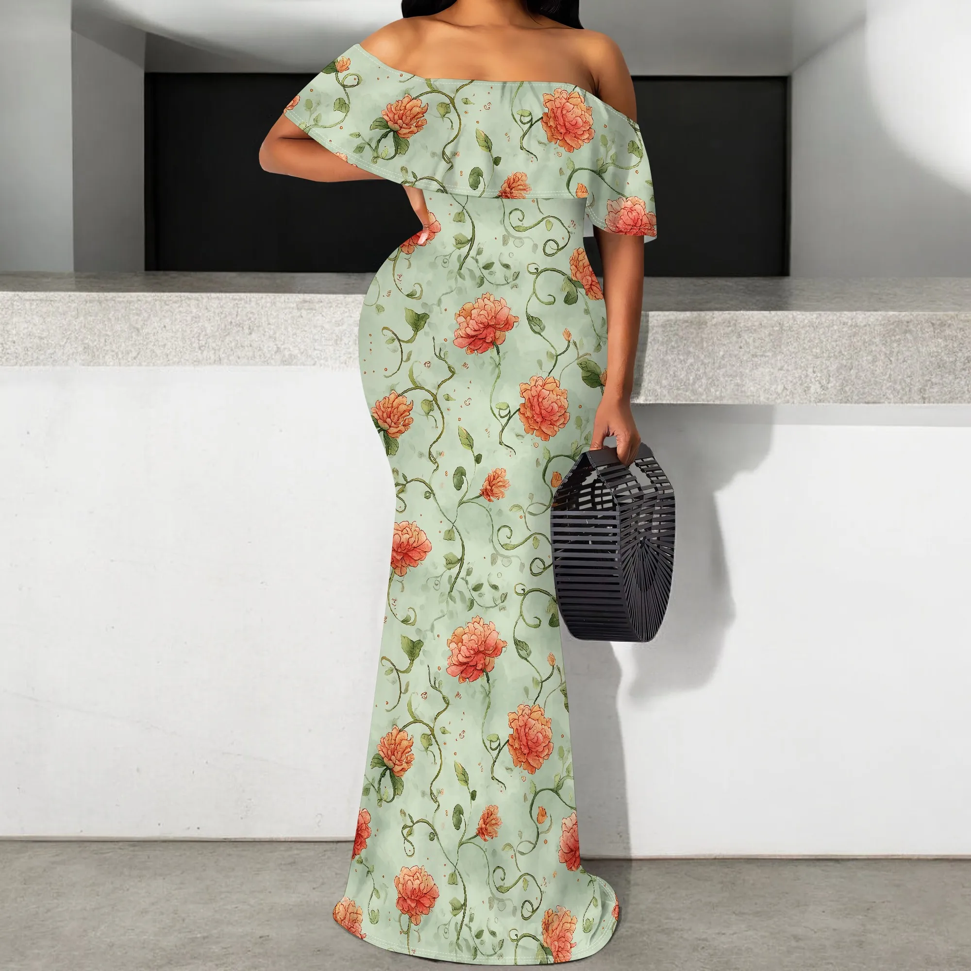 

Floral Off-Shoulder Maxi Dress for Women Mint Green Print 2025 New Arrival Spring Summer Dress S-3XL