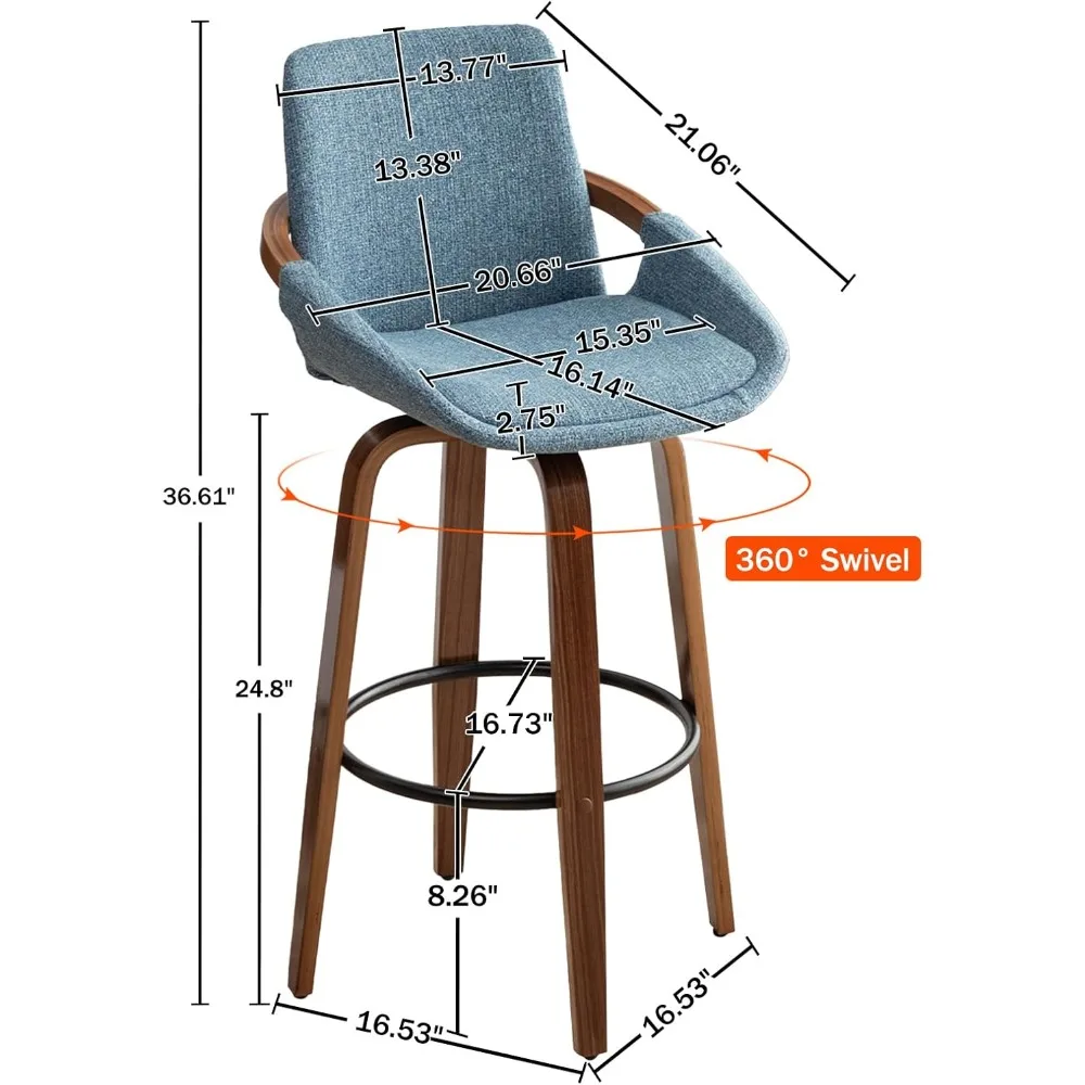 25.6" Counter Height Barstools Set of 3 Mid Century Modern Retro Bar Chairs Charcoal Blue Linen Look Fabric Upholstered