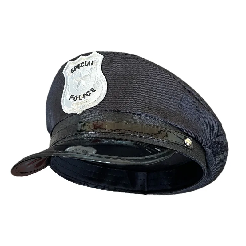 Sombrero militar con visera del ejército, gorra de policía de tapa plana, ala de cuero negro, cuero bordado, juego de rol, tapa plana 8M256