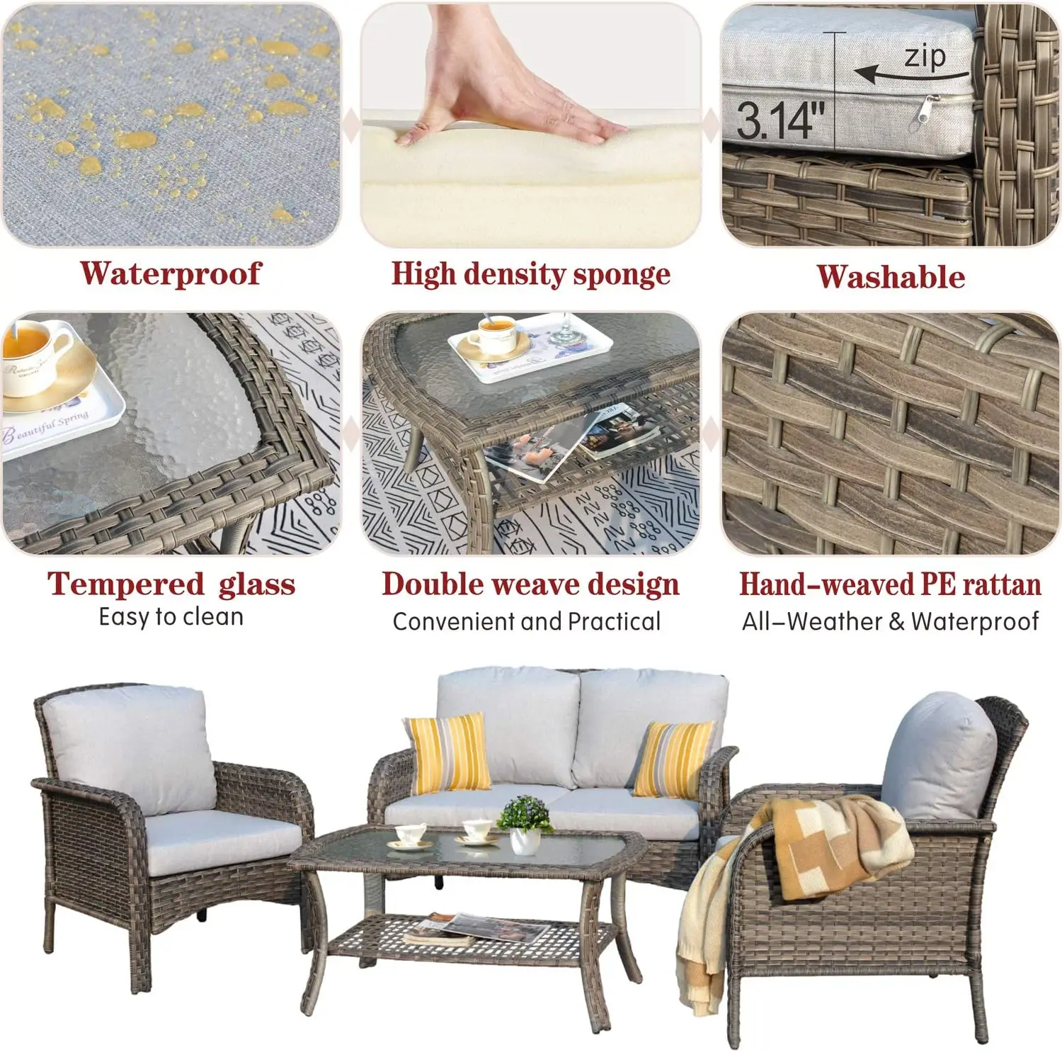 High Back Outdoor Patio Móveis Set, Sofá Set com mesa de café, All Weather Wicker, Rattan Sofá para Quintal Deck e varanda, 4 PCs