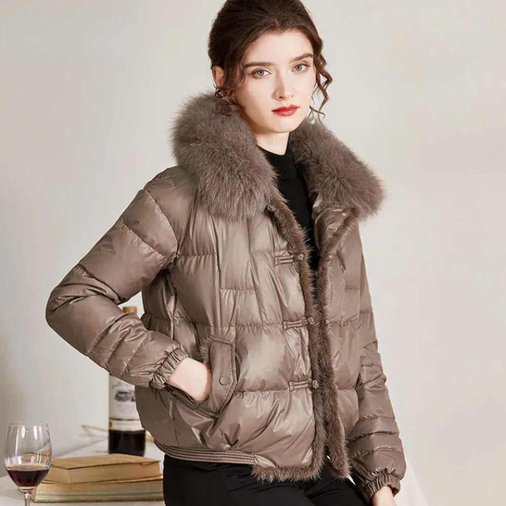 New Chinese Fashion White Duck Down Jacket Ladies Vintage Real Fox Fur Collar Winter Women Puffer Coat Female Parka Outerwear