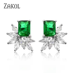 ZAKOL Simple Green Square Cubic Zirconia Stud Earrings for Women Delicate 4 Colors Marquise Party Wedding Jewelry