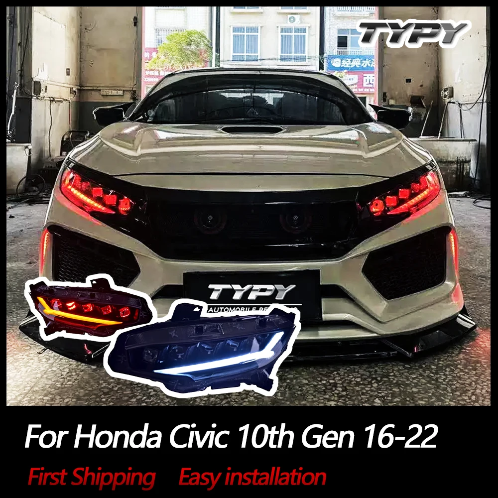 

Автомобильные светодиодные фары в сборе для Honda Civic 10-го поколения 2016-2022, седан, хэтчбек, фары с 5 линзами, динамические DRL