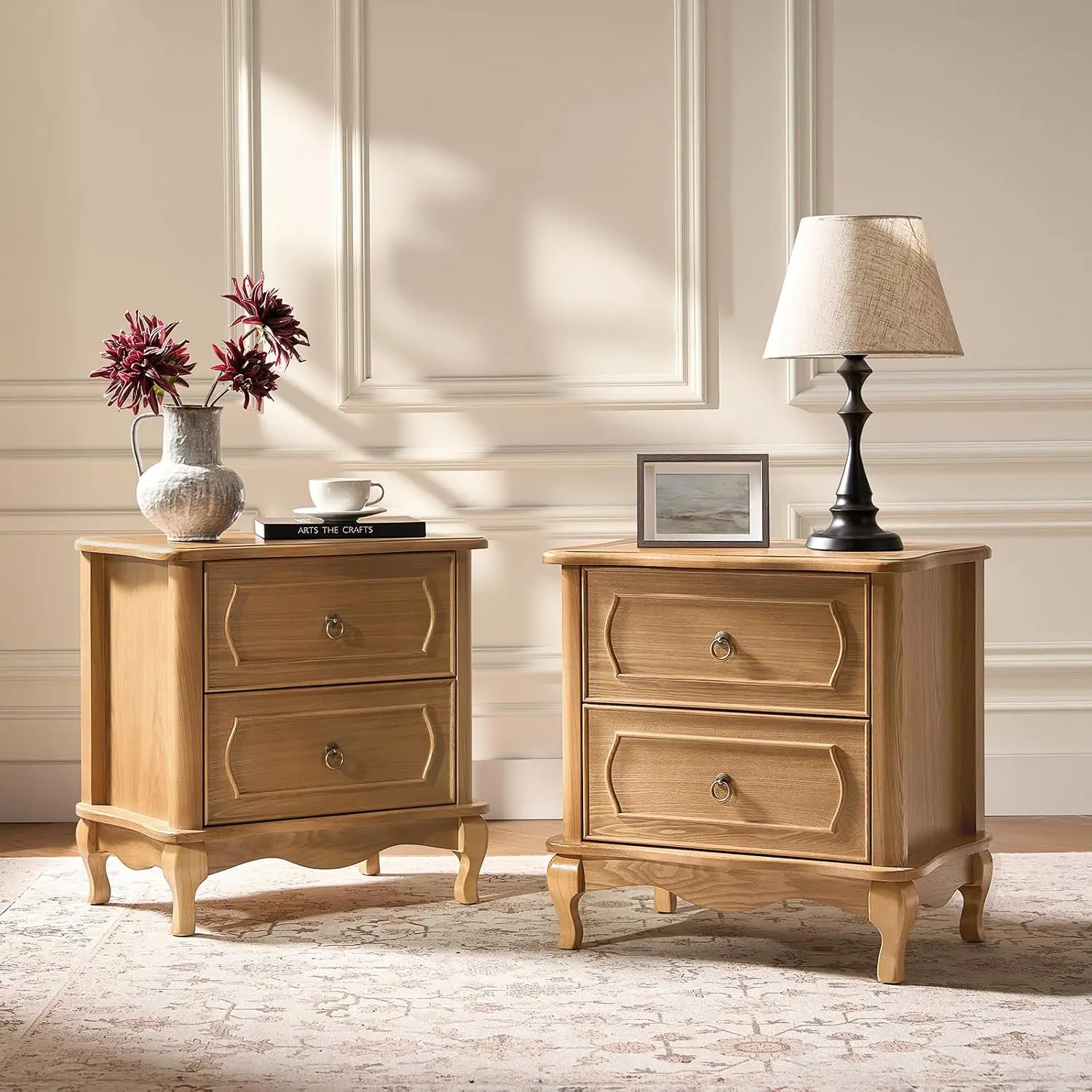 Nightstand Set of 2 with Sculpted Drawer Front, French End Table with Curved Top & Charging Station, Solid Wood Legs, Customized