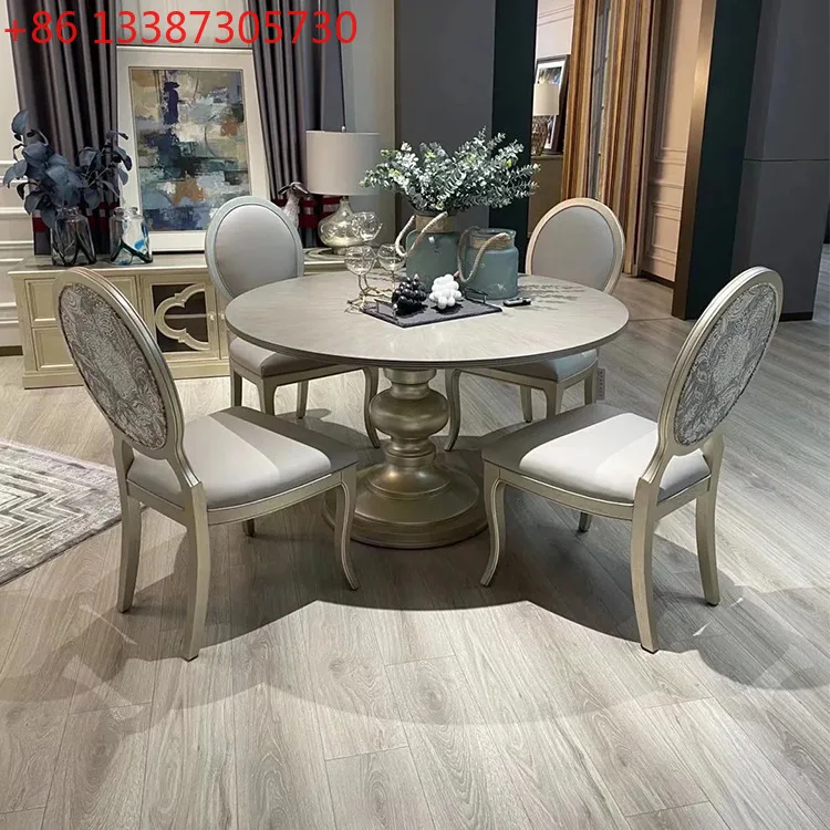 

American restaurant dining table light luxury modern retro distressed champagne color round table