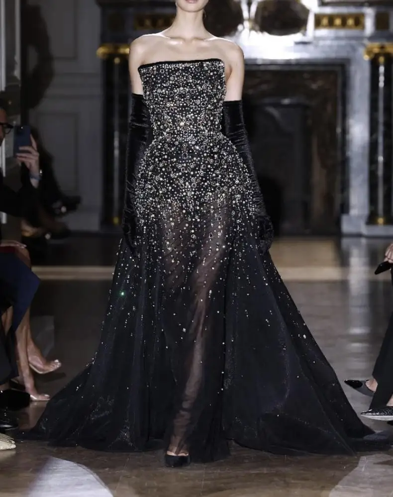 L272 Zuhair Murad Strapless Black Crystal A-line  فساتين السهرة vestidos de fiesta  فساتين سهره evening dresses