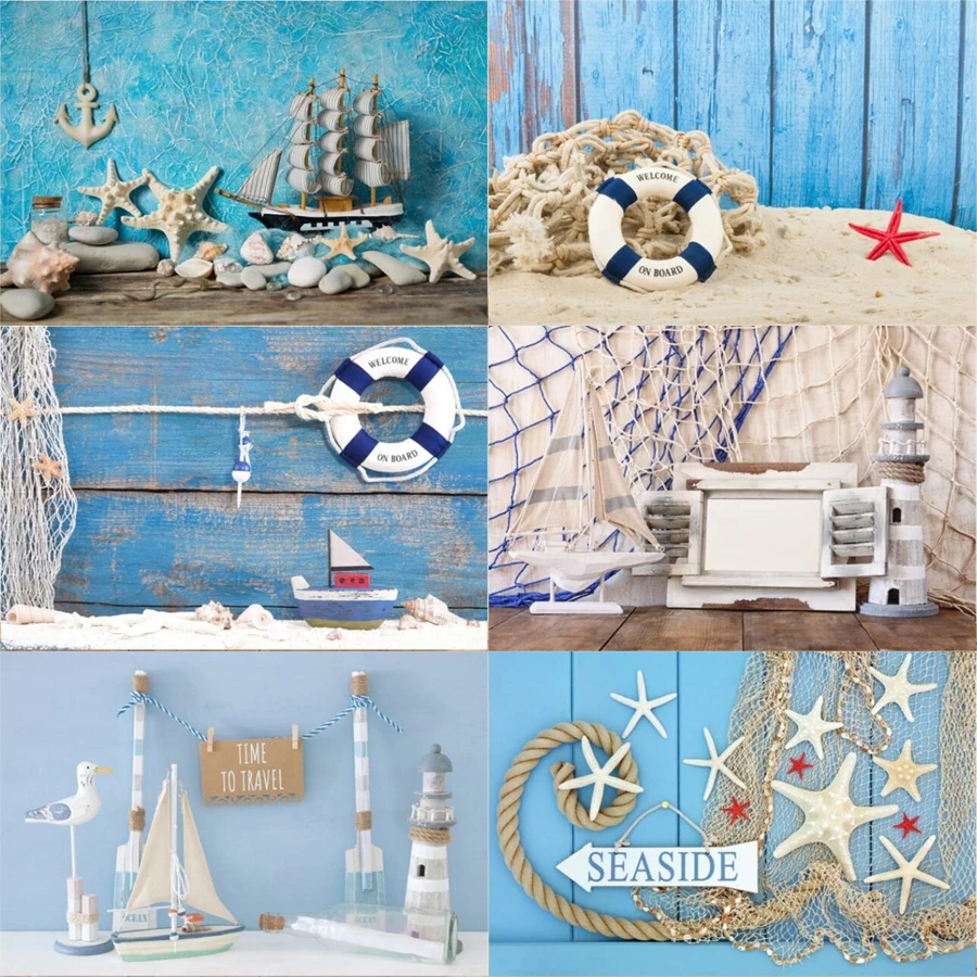 Photography Backdrop Sailor Navigation Rudder Banner Baby Birthday Starfish Pirate Party Decor Background Poster Photo Studio