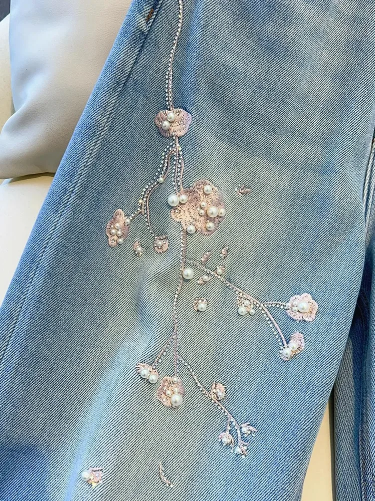 

Mode bloem geborduurde jeans met rechte pijpen voor dames lente herfst hoge taille parels kralen wijde pijpen denim broek