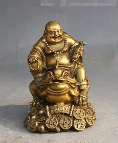 Chinese Buddhiam Brass Wealth Happy Maitreya Buddha Golden Toad Spittor Statue