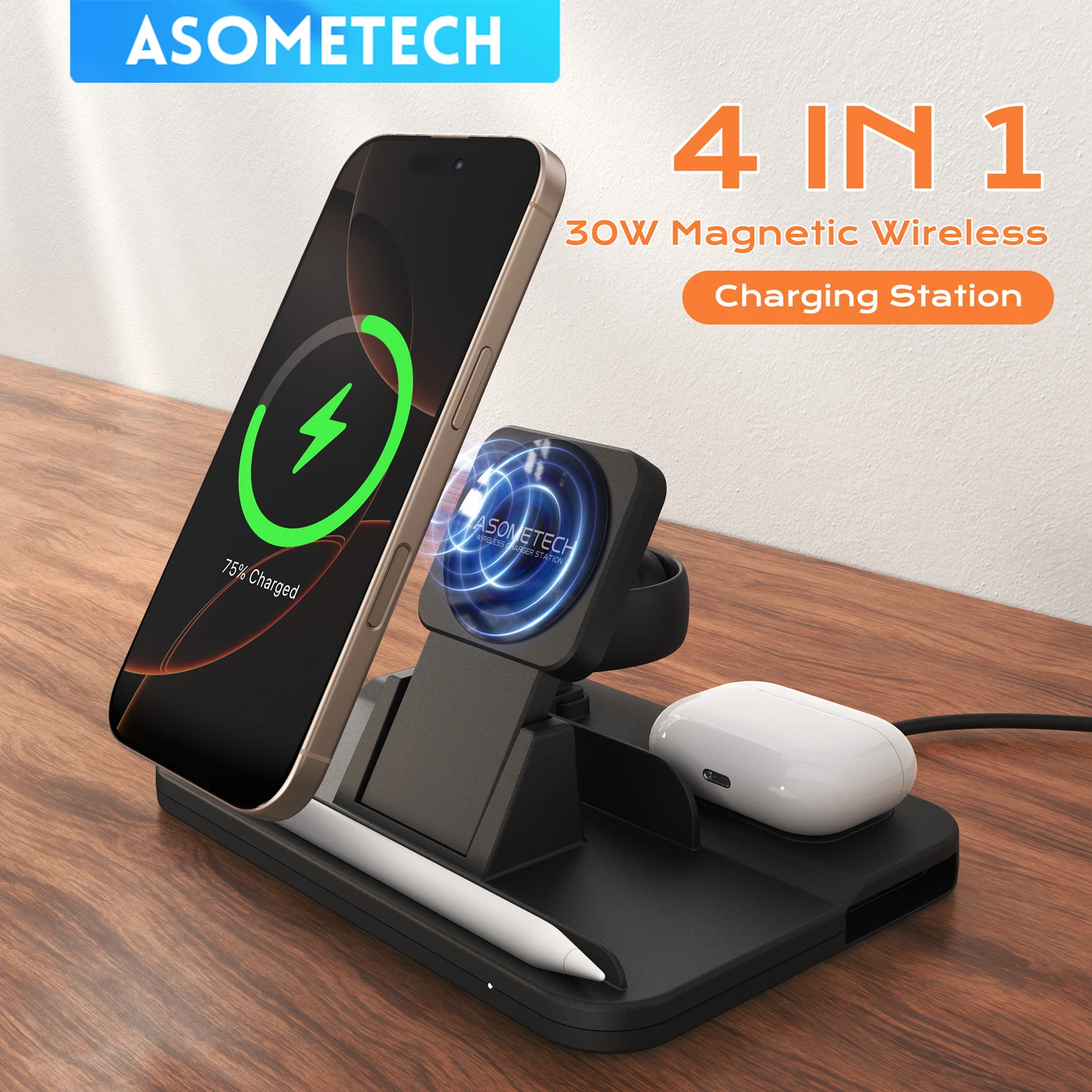 4 In 1 Magnetic Wireless Charger Stand for iPhone 16 15 14 13 Pro 15W Wireless Charging Station for Apple Watch AirPods 2 Pro