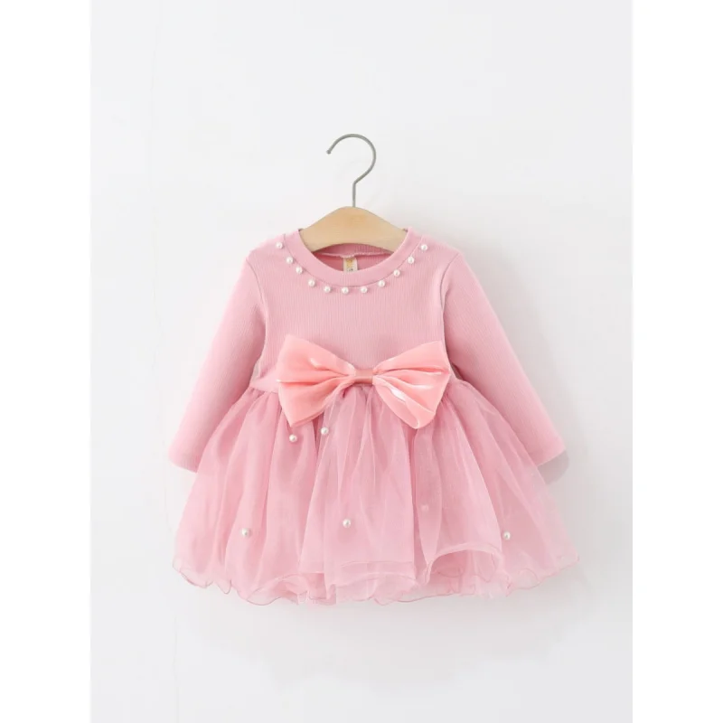 Girls' Clothing Girls' Dress Spring and Autumn Children's Baby Girl Long Sleeve Beaded Bow Mesh Princess Dress Stylish