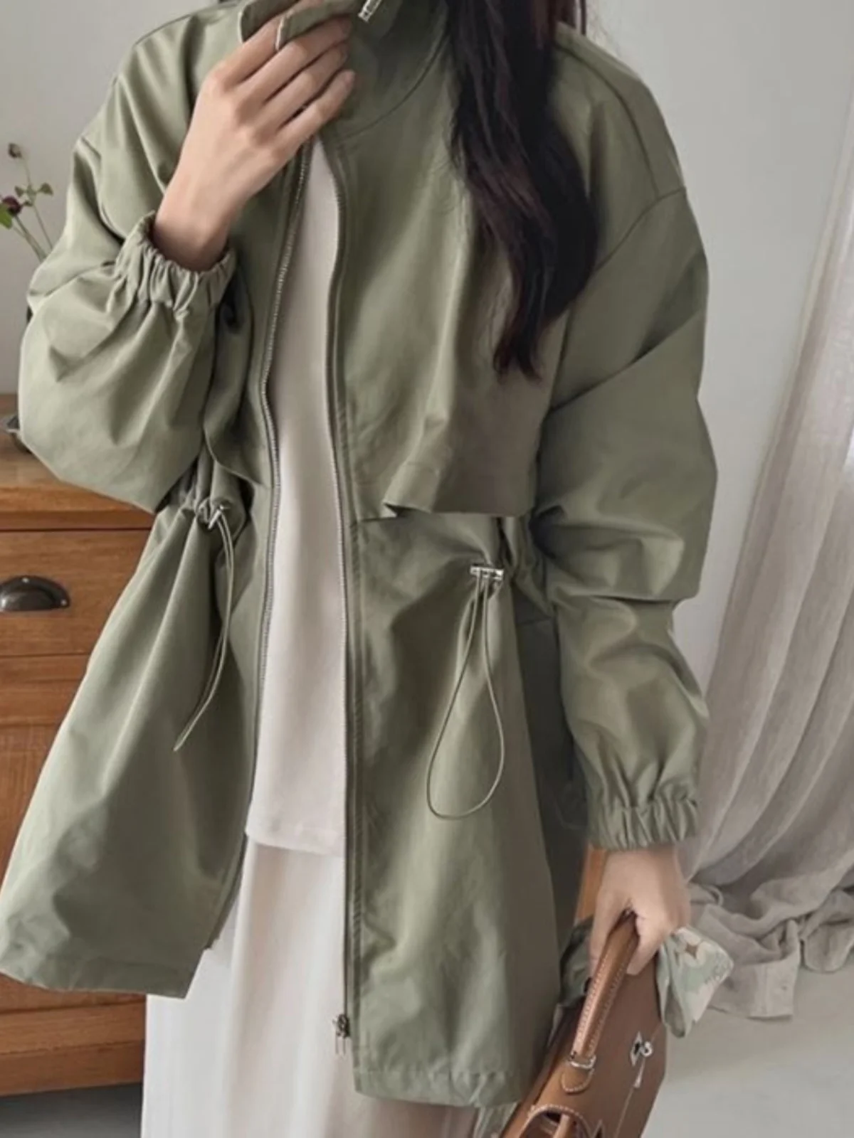 

Тонкое пальто с эффектом похудения Long Sve, женское свободное свободное ветровка с воротником-стойкой и завязками на талии, простой тонкий хлопок...