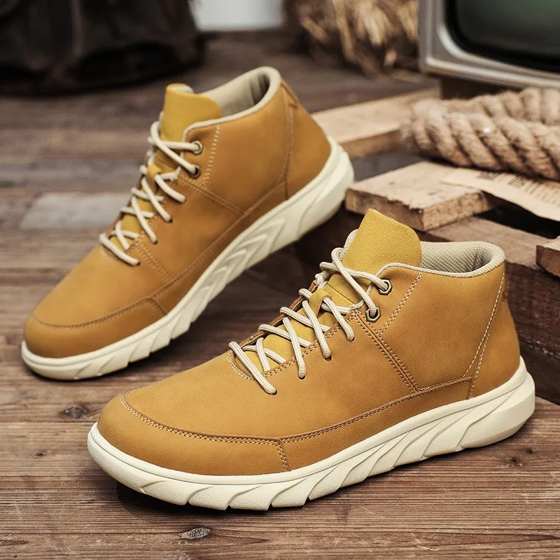 Men's Mid Top Cow Leather Boots Casual Ankle Boots Thick Sole Fashion Outdoor Work Shoes Non-Slip Autumn Big Size Sneakers