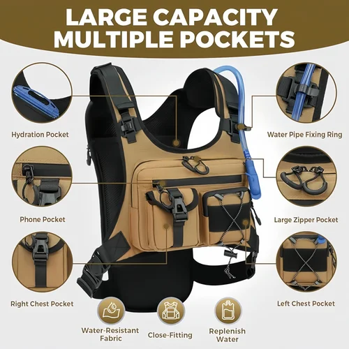 Imagen 2 del producto Bolsa de pecho ligera multifuncional, tela Oxford, chaleco para correr resistente al agua, chaleco de hidratación, mochila, paquete táctico