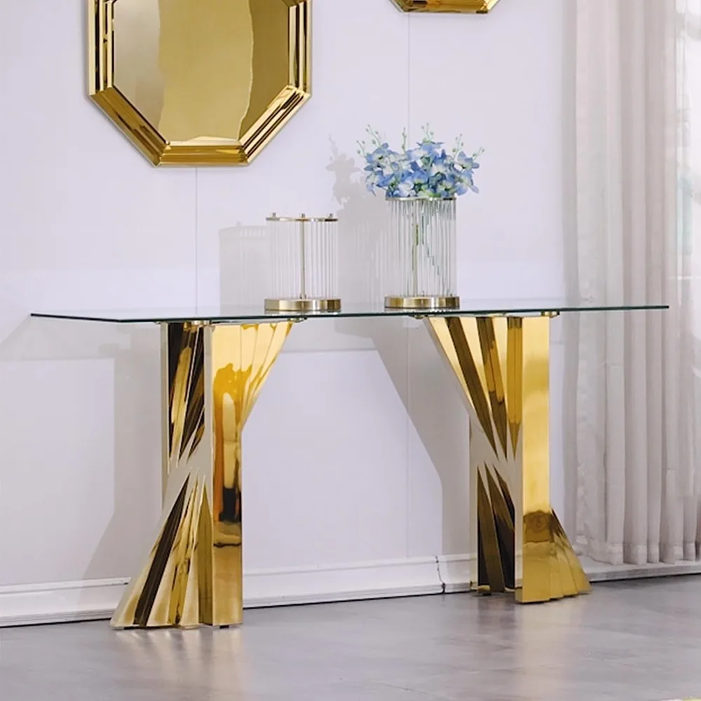 

Polished Sofa Table with Clear Glass Top, Glam Entryway Table for Living Room, Hallway, Entrance, Wall