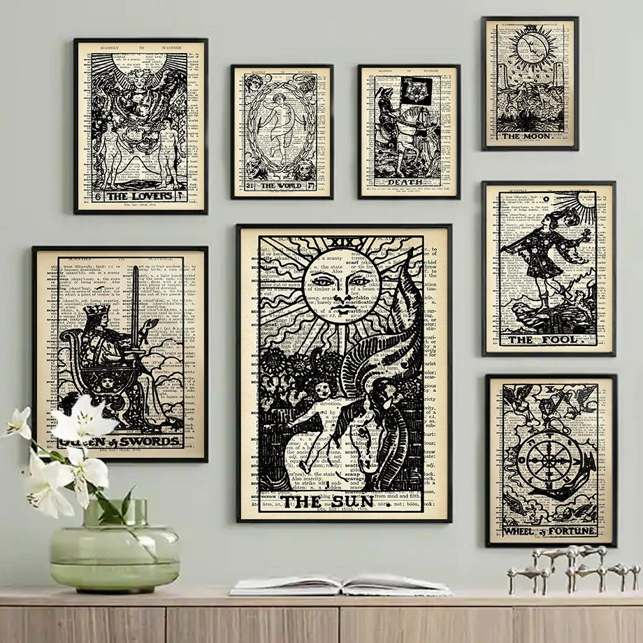 

Nordic Retro Tarot the Lovers Sun Empress Death Wall Art Canvas Painting Living Room Decor Posters And Prints