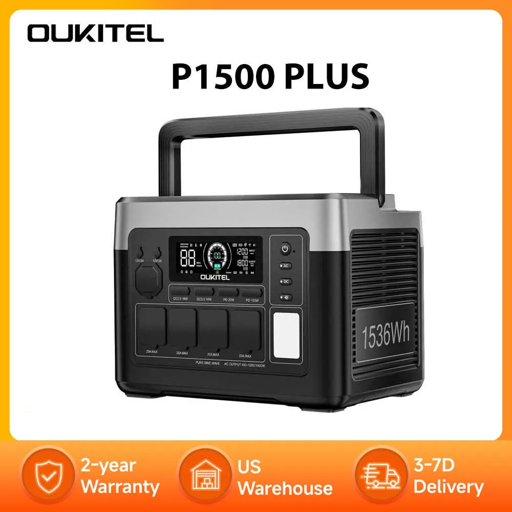 OUKITEL P1500 Plus Portable Power Station, 1800W 1536Wh LiFePO4 Solar Generator, Battery Backup with App Control for Travel, Camping, RV and Emergency Power