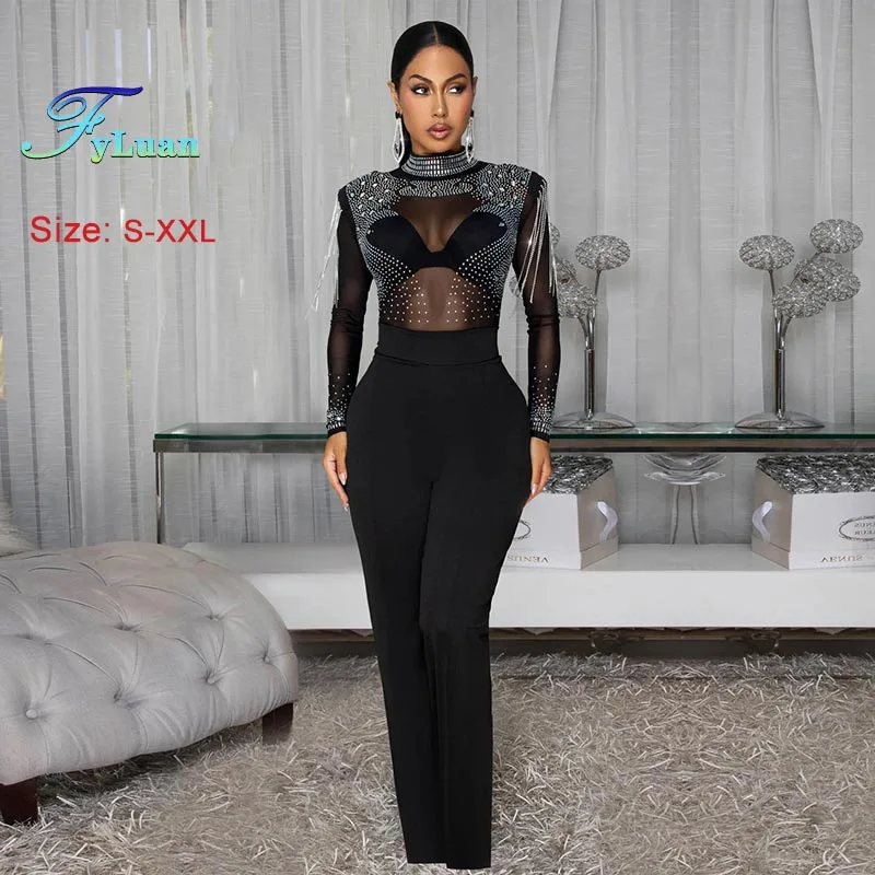 

Модная женская одежда, комбинезоны, сексуальное черное прозрачное сетчатое боди с длинными рукавами, элегантный комбинезон с кисточками и бриллиантами, закрывающий талию