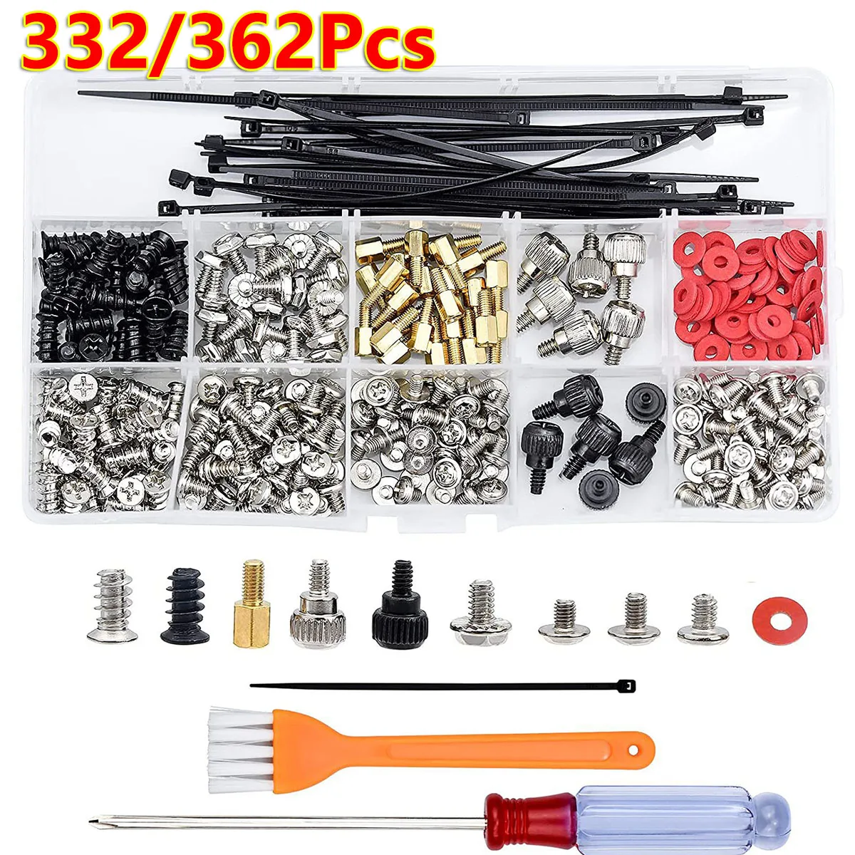 

332/362Pcs PC Repair Kit HDD Fan Mount Screws Cable Ties Screwdriver & Cleaning Brush for Motherboard Power Supply PC Case DIY