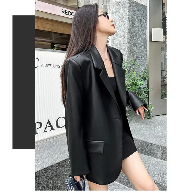 ขั้นสูงผู้หญิงสีทึบ PU หนังแจ็คเก็ต 2025 หญิงแขนยาวหนัง Outwear ฤดูใบไม้ผลิฤดูใบไม้ร่วง Lady Faux หนัง Tops Coat