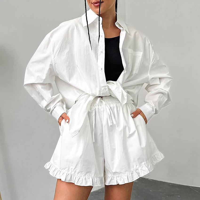

Hiloc Casual White Pocket Long Sleeve Full Placket Top Suit Woman Drawstring Ruched Shorts Outfit Summer Woven Loose Buttons Set