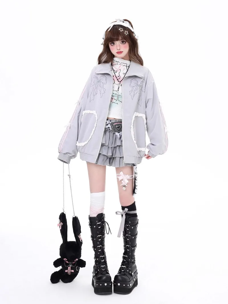 American Retro Sweet And Cool Girl Sports Style Sweatshirt Bow Thin Zipper Loose Coat Top New Autumn Aesthetic Clothes Sudaderas