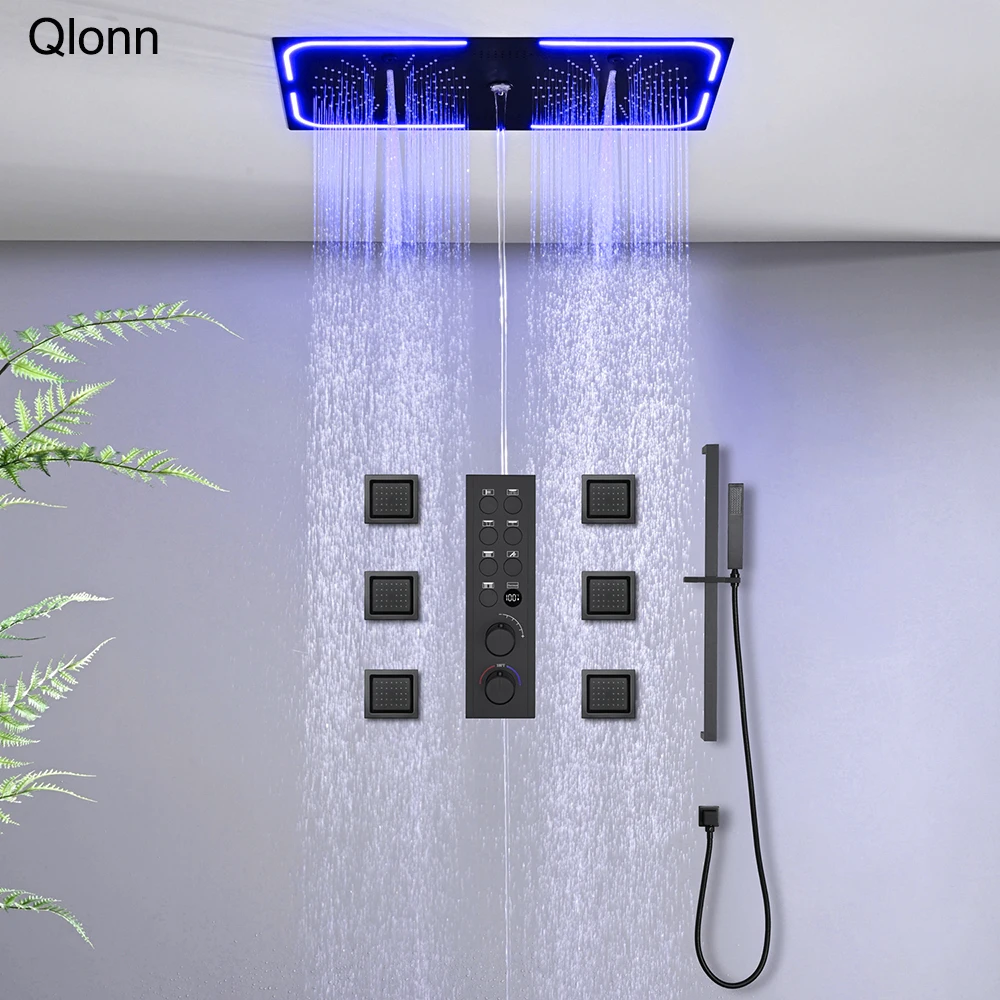 

Qlonn Luxury Couples Shower Set 700*350 mm LED Ambient Lighting Shower Head Bathroom 7 Functions Faucet Thermostat Divider Mixer