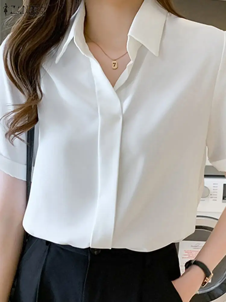 ZANZEA Summer Fashion Women Blouse Casual Solid Work OL Shirt Half Sleeve Lapel Neck Button Tunic Tops Blusas Femme Chemise