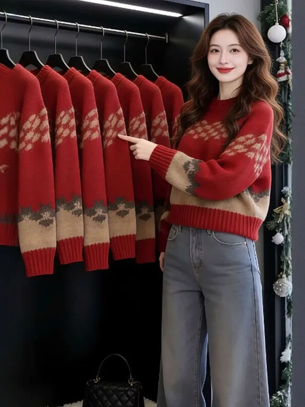 

Red Knitted Sweater Women's Casual round Neck Spring New Style Festive Floral Embroidery Loose Fit Versatile Comfortable Top