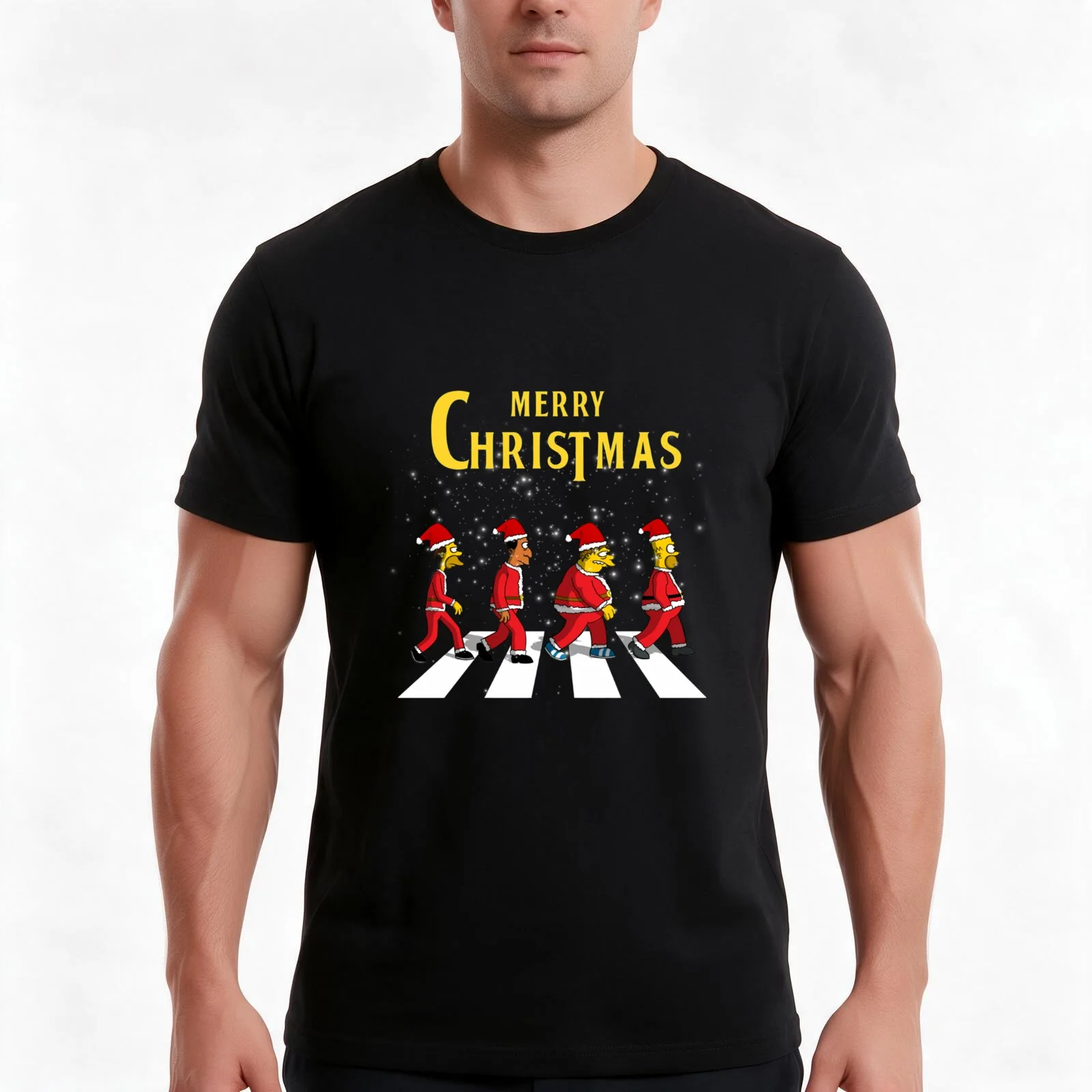 SIMPS Merry Chirstmas On Abbey Road T-Shirt, Summer Casual Cotton Tee, Oversized Streetwear Tops, Vintage Graphic Print