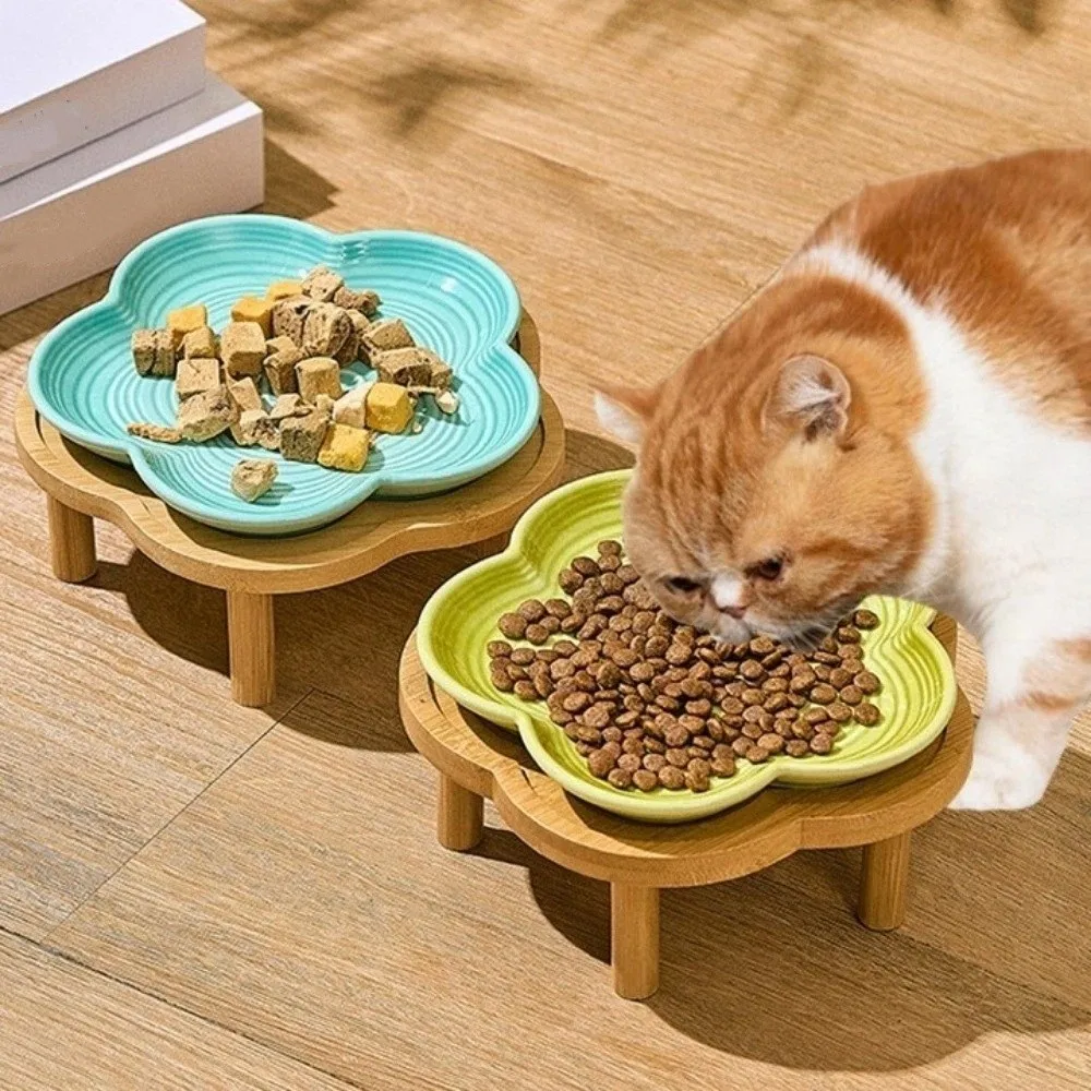 Large Capacity Ceramic Elevated Cat Bowl Cervical Spine Protection Anti Tipping Pet Drinking Feeder Anti-slip with Wood Stand