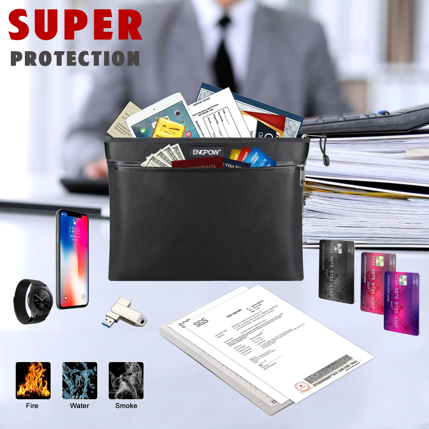 Double File Storage Bag Fireproof Waterproof Zipper Storage Bag Multi-functional Organize File Fireproof Bag