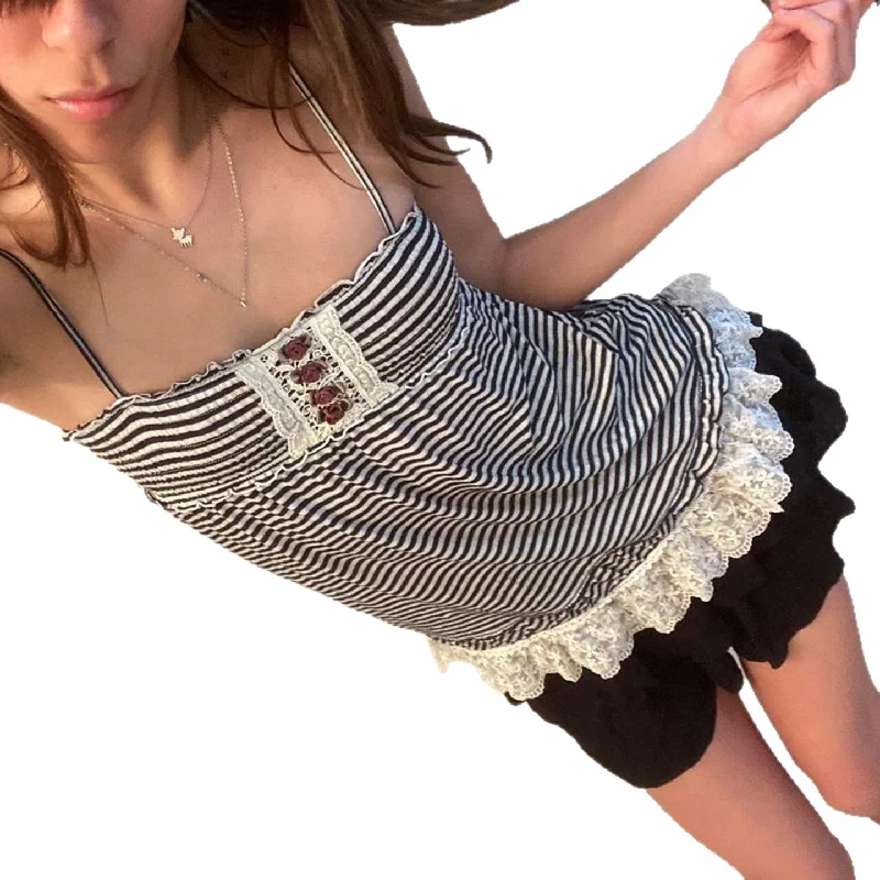 

Striped Lace Patchwork Camisole Women's New Loose Fit Bottom Top Summer