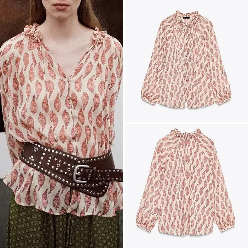 Spring 2025 Women's Style Metal Color Print Long Sleeve Shirt Polyester Fiber ZADATA Brand New Arrival Elegant Ladies' Shirt