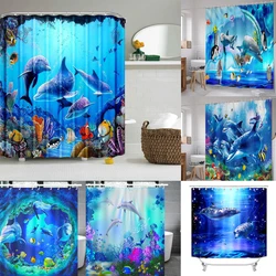 Dolphin Shower Curtain Blue Underwater World Marine Life Polyester Fabric Kids Ocean Theme Bathroom Decor Set with 180 * 180CM