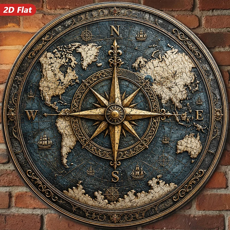 2D Flat, 1pc Vintage Compass Map Round Metal Sign Wall Art, Suitable for Corner Study, Compass Rose Centerpiece, World Map Backg