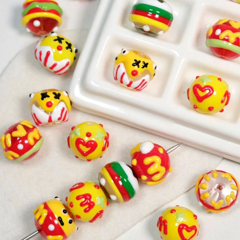 14mm Colorful Beads Hand Painted Spacer Beading Red and Yellow Classical Fastfood Snack Hamburger DIY Handmade Charm for Jewelry