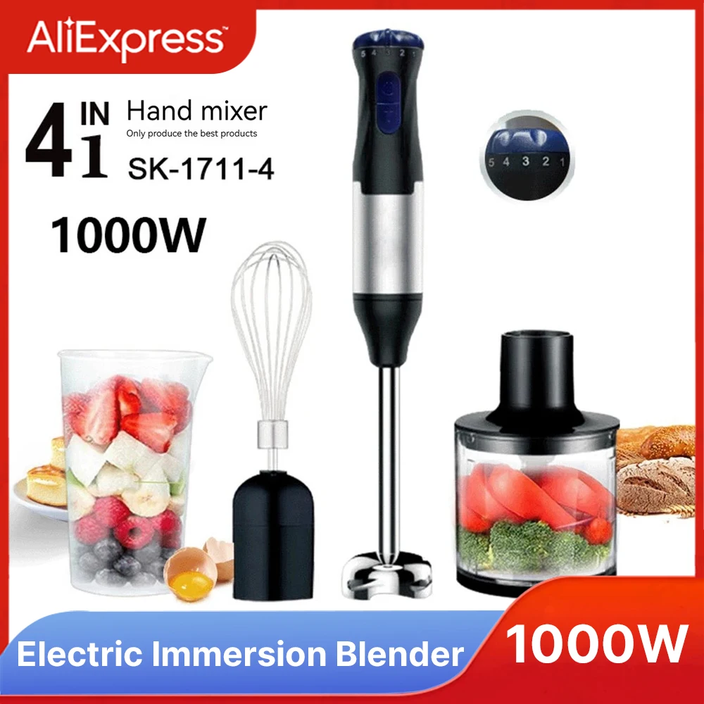 1000W Kitchen Immersion Blender 4 in 1 Stainless Steel Handheld Blender Vegetable Meat Chopper Egg Whisk Smoothie Stick Mixer