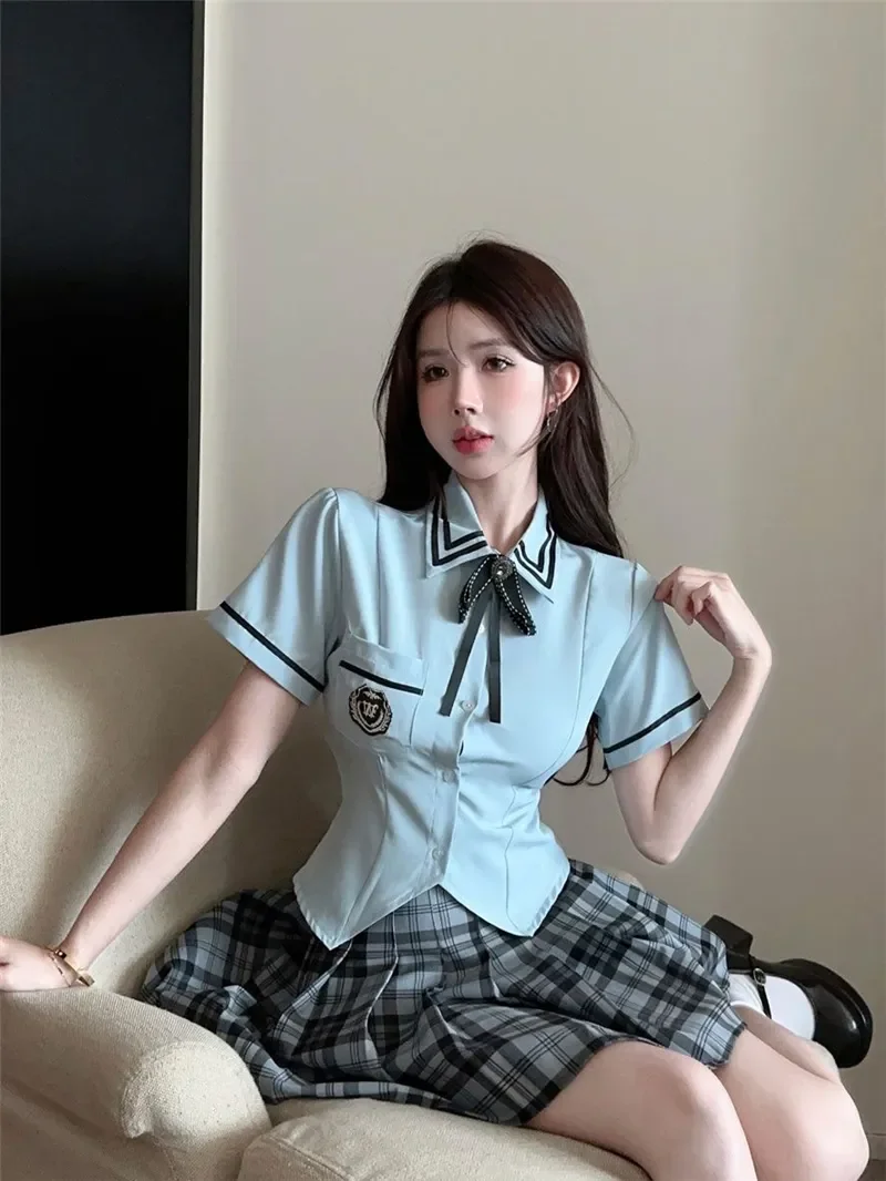 Sweet Spicy Girls' Preppy Daily JK Uniform Set 2 Pieces Japanese Korean Student Short Sleeve Shirts Blue Plaid Pleated Skirt Set