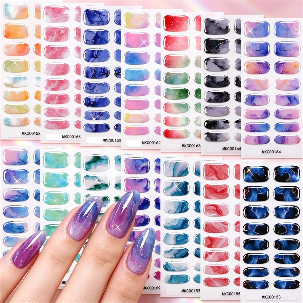 16Tips Semi Cured Gel Nail Stickers No UV Marble Gradient Glitter Long Lasting Full Cover Nail Wraps Polish Strips Nail Supplies