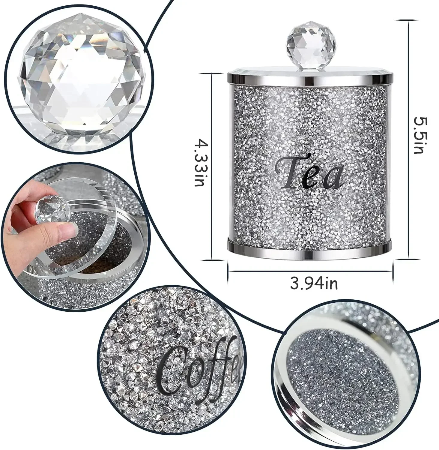 Crystal Coffee Sugar Tea Canister Set 3PCS Glass Crushed Diamonds Storage Container Set with Label & Lid Kitchen Decorative Jars