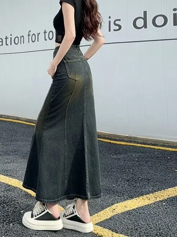 Dżinsowa spódnica z wysokim stanem damska, spódnica w kształcie litery A z efektem rybki, wyszczuplająca spódnica kopertowa, bawełniana, codzienna, do pracy.