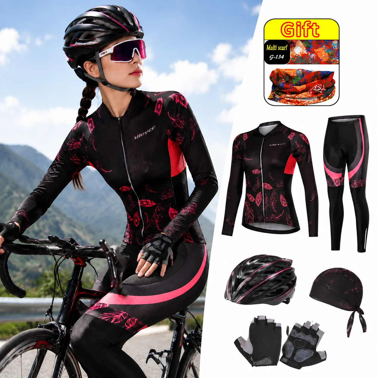 Damen-Langarm-Radtrikot-Hosen-Set MTB-Fahrrad-Outfit Schnelltrocknend Atmungsaktiv Straßenfahrrad-Sportbekleidung