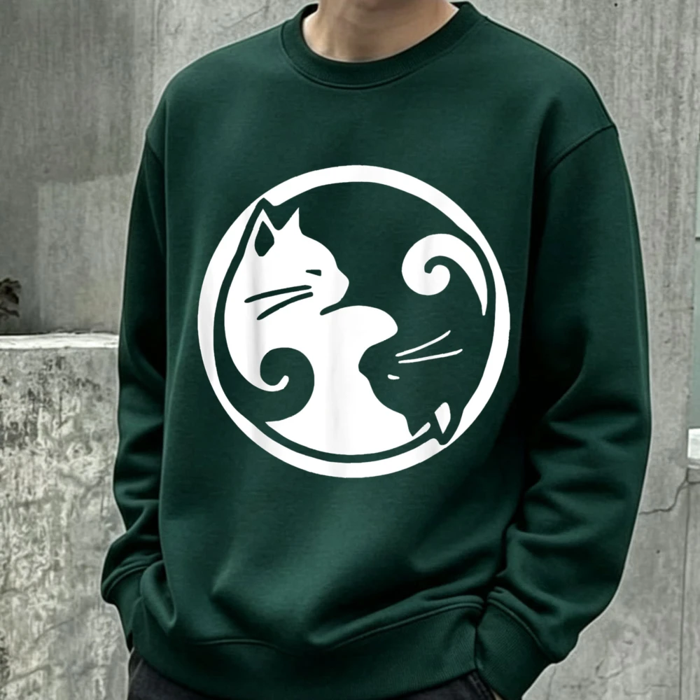 Yin Yang Cat Graphic Crewneck Sweatshirt Balance Kitten Pattern Pullover Sweatshirt Japanese Fashion Simple Animal Print Unisex