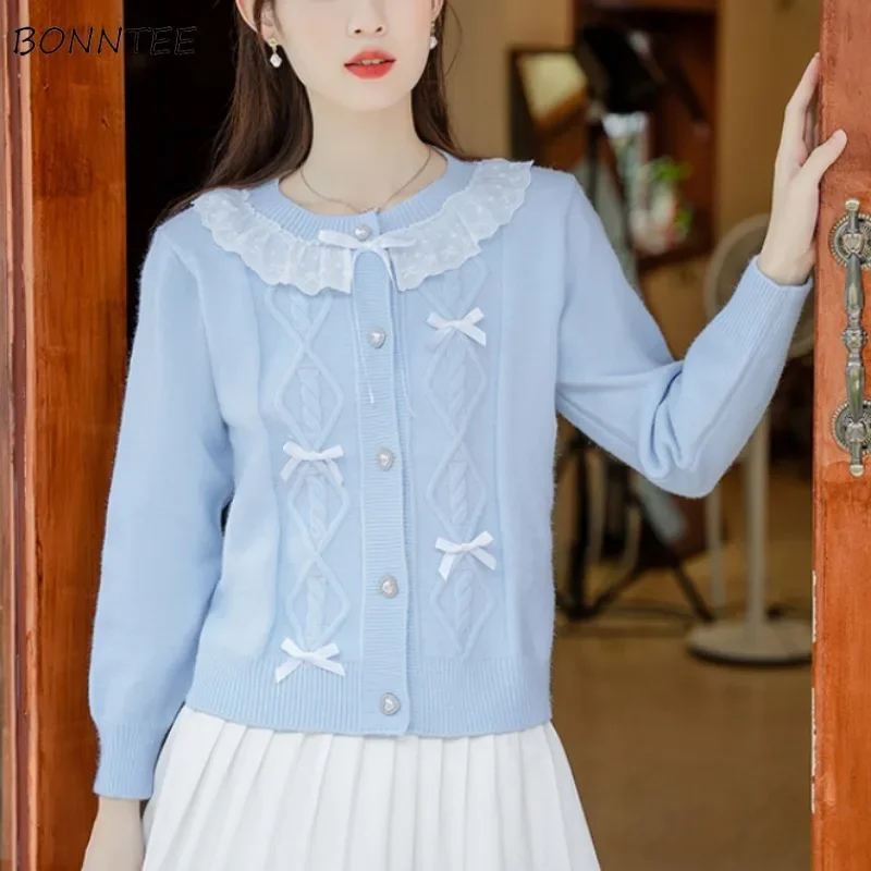 

Кардиганы женские Sweet Knit Lace Patchwork Pull Dentelle Свитер Женский плиссированный бант Корейская женские повседневные топы наряд в Корейском стиле